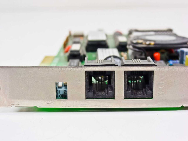 Everex EV-941 modem card – close-up of bracket showing dual RJ11C telephone jacks and DIP switch