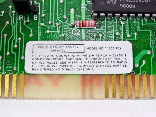 Omnitel T1200-PC4 FCC label close-up showing Model No. T1200-PC4, FCC ID D786JCT1200-PC4, and Class B compliance text