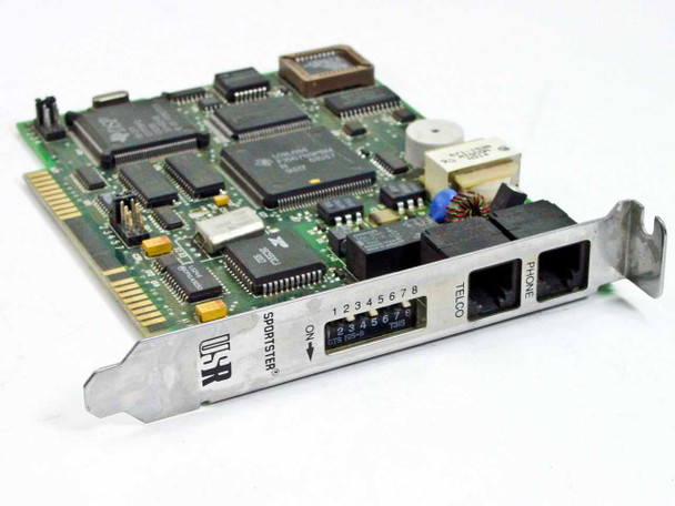 US Robotics Sportster 14.4 ISA modem card front view showing bracket with TELCO and PHONE RJ-11 ports and DIP switch bank