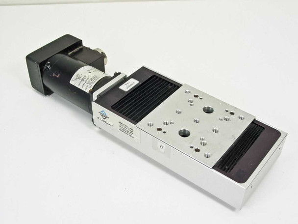 AeroTech 100-50-u-20P Accudex Motorized Linear Stage — front-right three-quarter view showing aluminum body, motor label, and AeroTech logo label on stage body