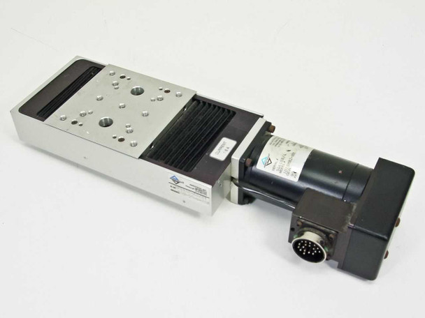 AeroTech 100-50-u-20P Accudex Motorized Linear Stage with 101SMB2-HM stepper motor — front-left three-quarter view showing carriage, bellows, and circular multi-pin motor connector
