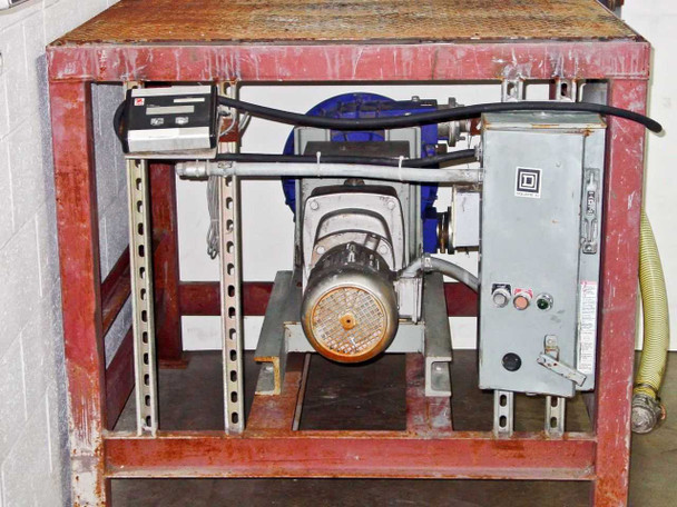Pump skid rear view showing Alfa Laval 140FBB blue pump body, drive motor, and Square D motor starter panel with indicator lights
