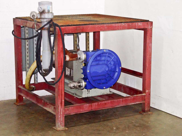 Full front view of red steel platform skid with Alfa Laval 140FBB pump, Nord gearbox, and motor starter enclosure