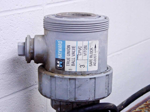 Hayward True Union Ball Valve 3-inch CPVC Viton label close-up on suction line