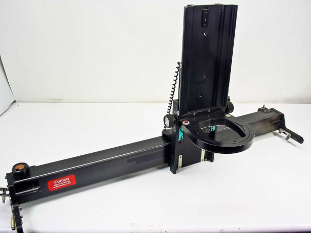 Richards B17266 tabletop microscope inspection mount – right-side three-quarter view showing full linear rail, vertical carriage, and circular stage ring