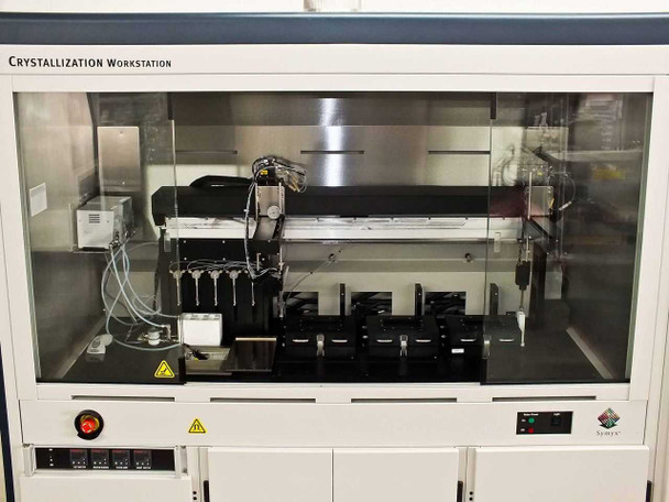 Symyx Technologies S14100 Crystallizer CE – front view with enclosure glass showing robotic arm and fluid delivery components inside