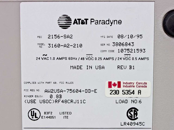 AT&T Paradyne 3160-A2-210 rating label showing PEC 2156-SA2, model 3160-A2-210, serial 3806843, MFG date 08/10/95, 24VAC/48VDC power specs, Rev B1, Made in USA