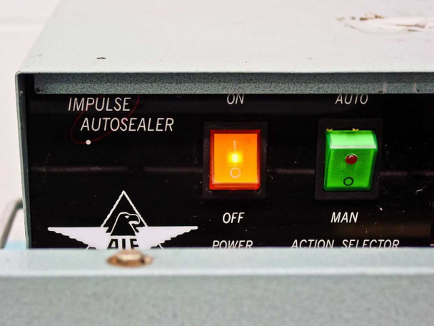 AIE AIE-605A1 front control panel showing power switch (ON/OFF) and action selector switch (Auto/Manual), AIE logo