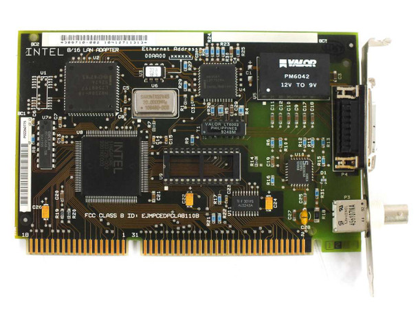 Intel EtherExpress 16 8/16 LAN Adapter 308710-002 — component side showing Intel 82586 controller, Valor transformer, BNC and AUI connectors