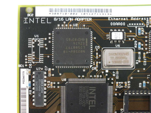 Intel EtherExpress 16 308710-002 — close-up of Intel 82586 main controller chip and Intel SRAM chip markings