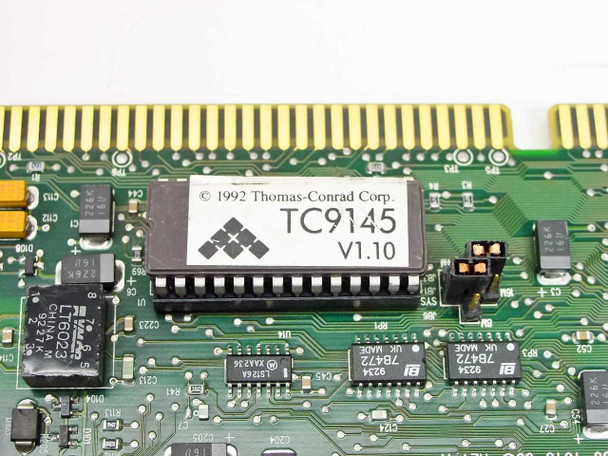 Thomas-Conrad TC9145 close-up of firmware label showing model number TC9145, V1.10, and copyright 1992 Thomas-Conrad Corp.