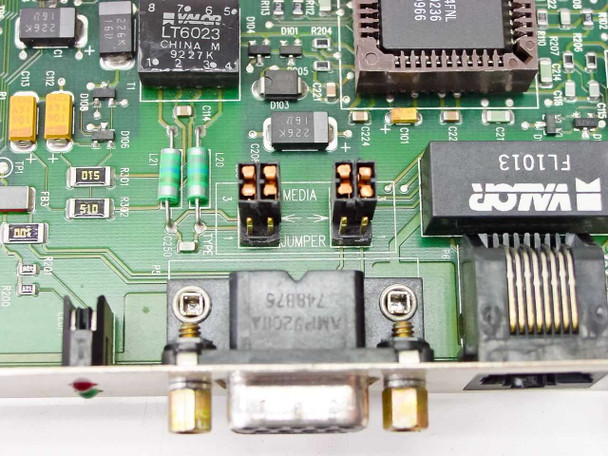 Thomas-Conrad TC9145 close-up of MEDIA JUMPER area, Valor FL1013 magnetics module, and LT6023 component near bracket