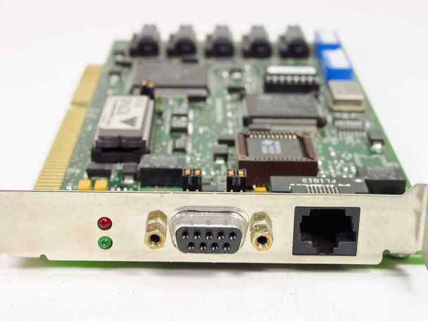Thomas-Conrad TC9145 bracket close-up showing DB9 (9-pin) port, RJ-45 port, and red/green LED indicators