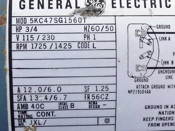 General Electric motor nameplate – Model 5KC47SG1560T, 3/4 HP, 115/230V, 1725/1425 RPM, 12.0/6.0A, FR56CZ, NEMA design