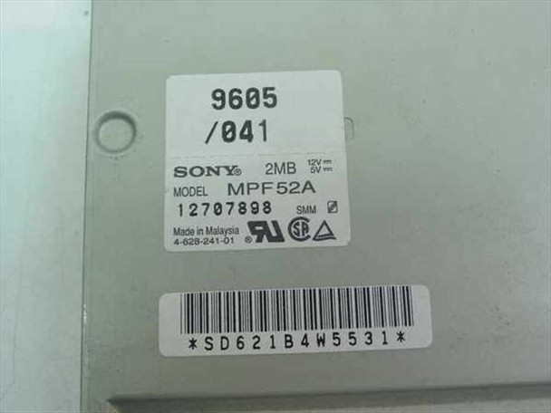 Sony MPF52A label close-up showing model number, 2MB capacity, part number 4-628-241-01, Made in Malaysia, and date code 9605/041