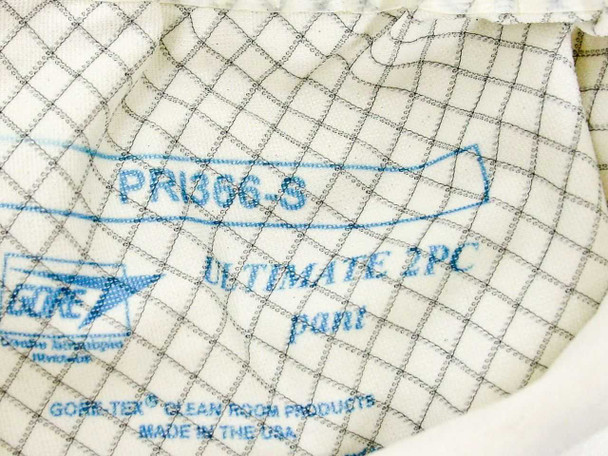 Close-up of Gore-Tex cleanroom garment label reading PRI366-S, Ultimate 2PC Pant, Gore-Tex Clean Room Products, Made in the USA
