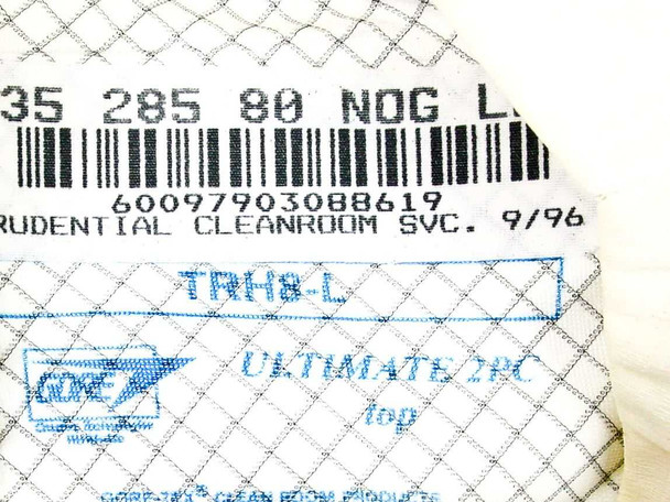 Close-up of Gore-Tex garment label showing barcode 60097903088619, TRHH-L, Ultimate 2PC Top, Gore-Tex Clean Room Products, Prudential Cleanroom Svc. 9/96