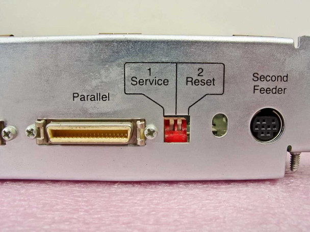 Tektronix 671-3760-70 bracket close-up – Parallel port, Service and Reset jumper/button, and Second Feeder mini-DIN connector