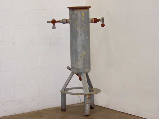 APHD 10STDWPB vertical metal storage tank full view from slight angle showing side valves and floor stand