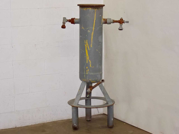 APHD 10STDWPB vertical gray metal storage tank on 4-leg floor stand with two side pipe fittings and valves – full front view