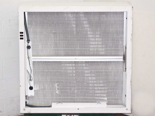 Vari-Speed laminar flow hood rear filter panel close-up showing HEPA filter grid and bare light fixture wiring