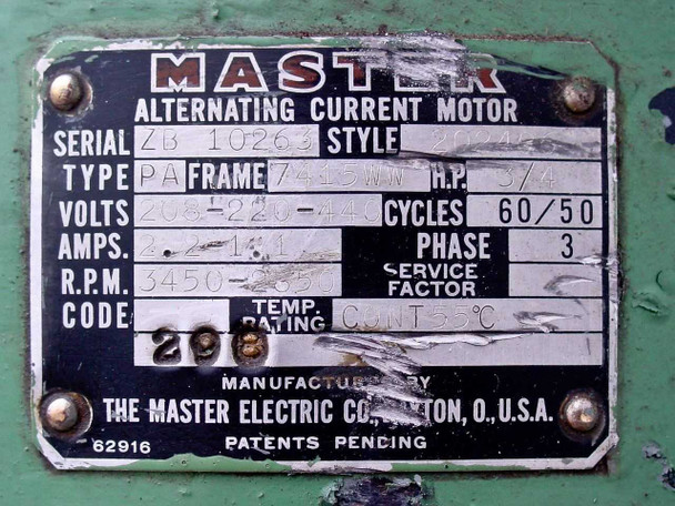 Master Electric Co. motor nameplate: Type PA, Frame 7415WW, 3/4 HP, 208-220-440V, 3-Phase, 60/50 Hz, 2.2/1.1A, 3450 RPM