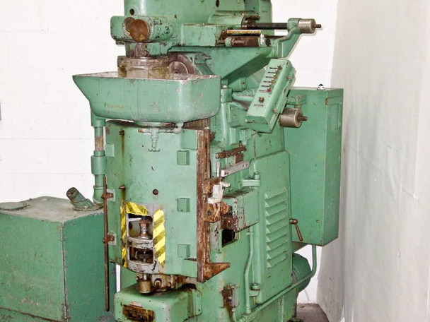 Barnes-Desenberg Model 5 full front view showing rust on lower column, lap tooling, and yellow caution marking