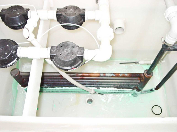 Interior of HDPE tank showing copper tubing coil, multiple black-cap fittings, PVC pipe connections, and green residue on tank bottom — overhead view