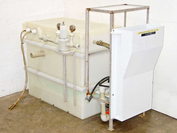 Opposite side of HDPE tank showing PVC plumbing, Iwaki pump cabinet enclosure with copper plating label, and stainless steel support frame