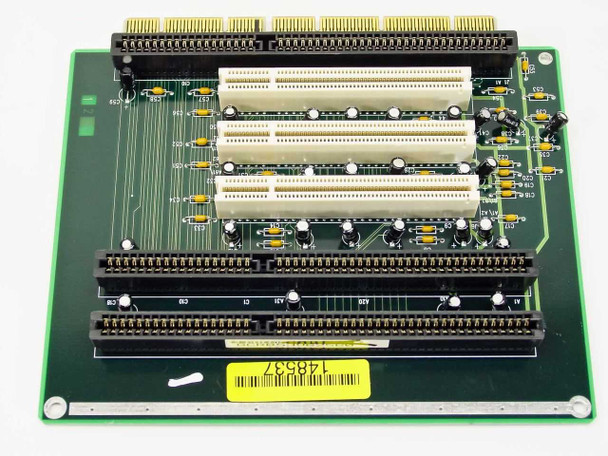 Packard Bell 148537 riser card – angled view of slot connectors and yellow barcode label reading 148537