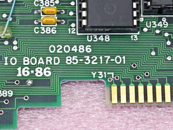 Close-up of Zenith 85-3217-01 PCB label showing silkscreen markings: IO BOARD 85-3217-01, 16-86, and part number 020486