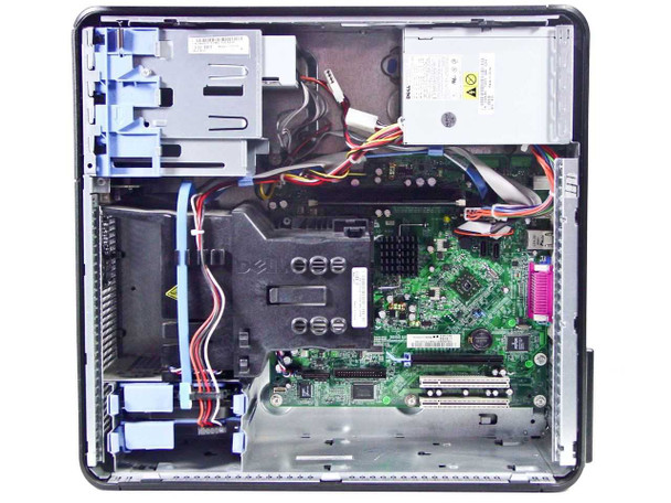 Dell OptiPlex 320 MT interior with side panel removed — motherboard, power supply, drive bays, and cabling visible