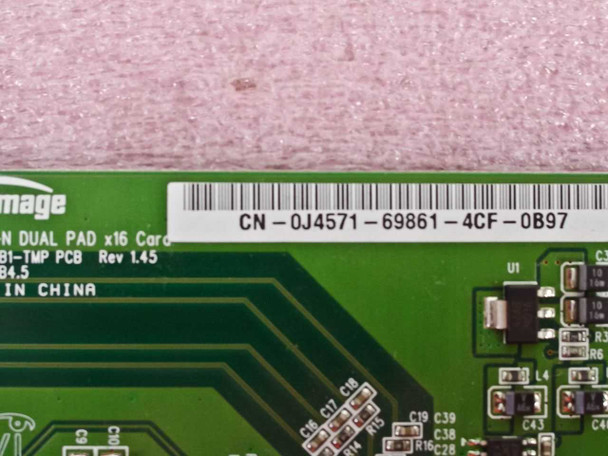 Dell 0J4571 ADD2-N Dual Pad x16 video card — close-up of PCB label showing part number CN-0J4571-69861-4CF-0B97 and PCB Rev 1.45