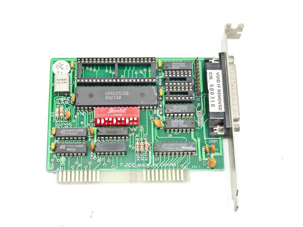 JCC 800310 ISA serial card — full component-side top view showing HM8250B controller IC, red Grayhill DIP switch, and ISA edge connector