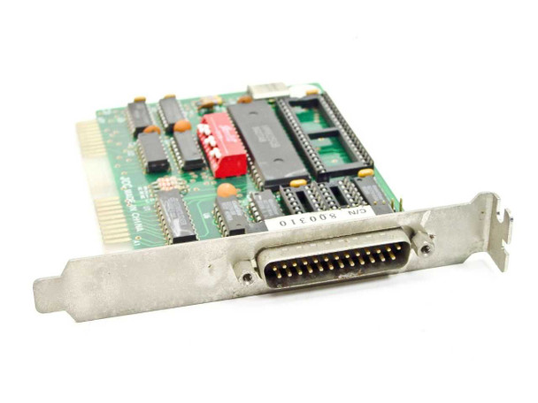 JCC 800310 8-bit ISA serial communication card — three-quarter front view showing DB25 connector on bracket and component side