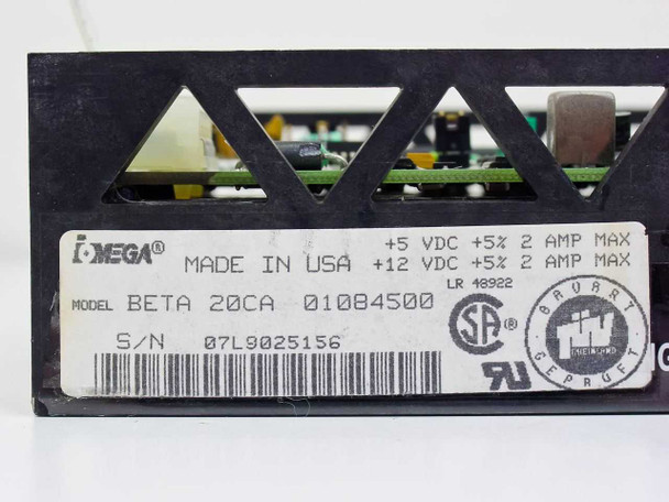Iomega Beta 20CA label closeup showing model 01084500, Made in USA, +5VDC and +12VDC power ratings, UL and CSA marks