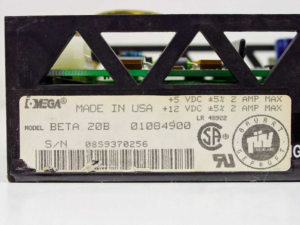 Omega Beta 20B rating label showing model, part number 01084900, +5V/+12V 2A power specs, Made in USA, UL and CSA certifications