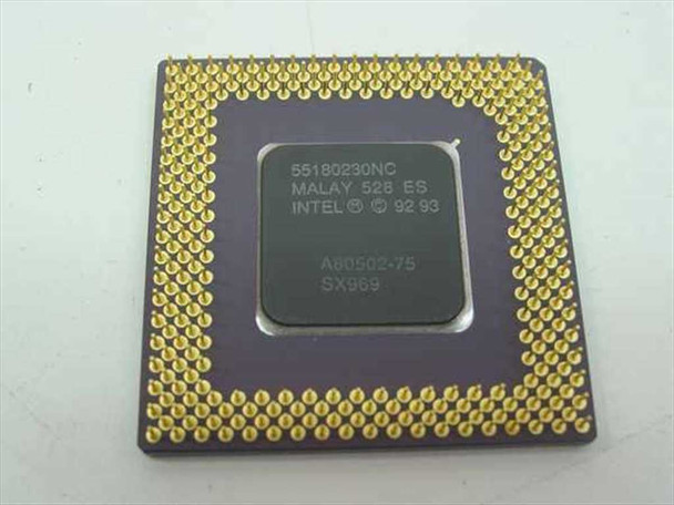 Intel Pentium SX969 CPU — bottom view showing gold PGA pins, A80502-75 and SX969 markings on center heat spreader, INTEL 1993 date code