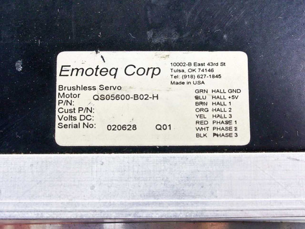 Emoteq Corp label showing model QS05600-B02-H, Brushless Servo Motor, Made in USA, with Hall and phase wire color legend