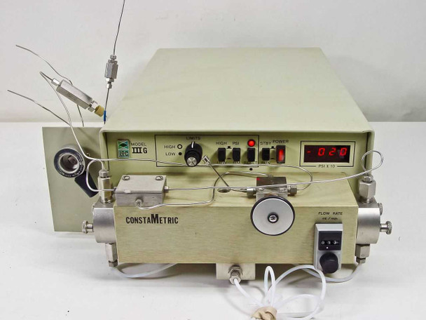 LDC ConstaMetric III G HPLC solvent delivery pump full front view showing pump head assembly, front panel controls, PSI x10 digital display, and stainless steel tubing connections