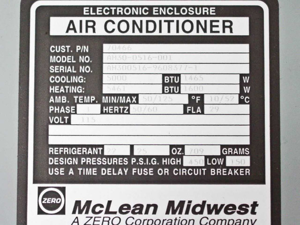 McLean Midwest AH30-0516-001 rating plate showing model number, serial number, BTU ratings, voltage, phase, FLA, and refrigerant specs