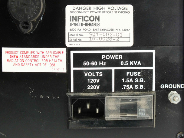 Inficon Leybold-Heraeus 901-002-G1 rating plate label – shows Model 901-002-G1, Serial 16-0028-2, Power 50-60Hz 0.5 KVA, 120V/220V, fuse ratings, Made in USA