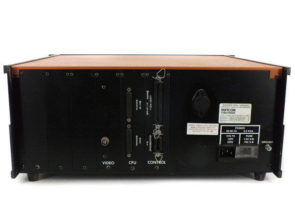 Inficon Quadrex 200 – rear panel straight-on view showing VIDEO, CPU, CONTROL ports and IEC power inlet with rating label