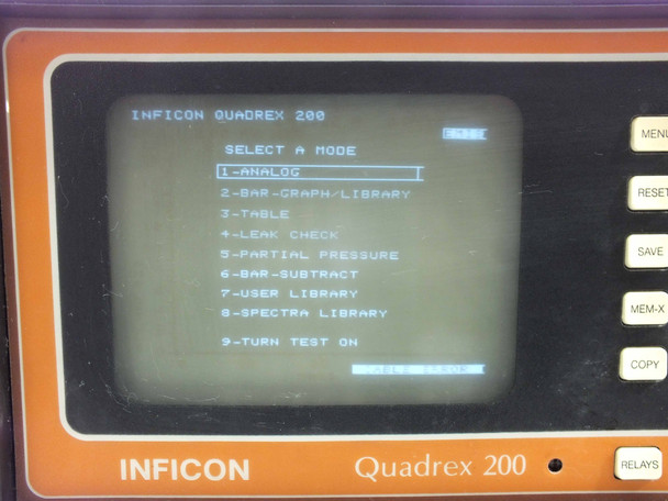 Inficon Quadrex 200 CRT screen closeup – SELECT A MODE menu with options including Analog, Bar Graph, Partial Pressure, Leak Check, Spectra Library