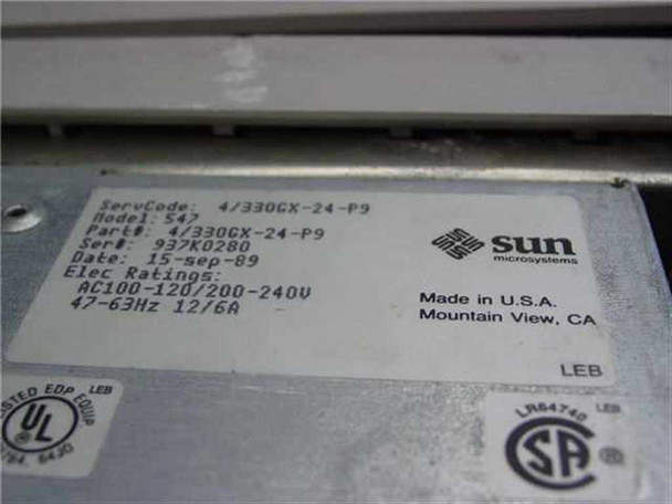 Sun SPARCserver 330 rating plate — part no. 4/330GX-24-P9, serial 937K0280, date 15-Sep-89, AC100-120/200-240V 47-63Hz 12/6A, Made in USA