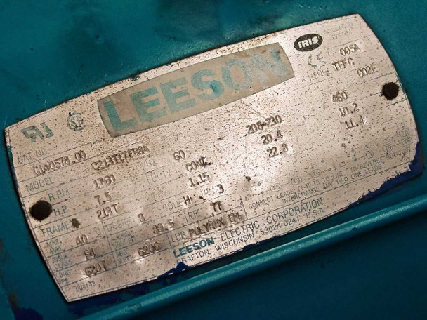 Leeson Electric motor nameplate — model C21311T18A, 7.5 HP, 1750 RPM, frame 213T, 200-220/460V three-phase 60Hz