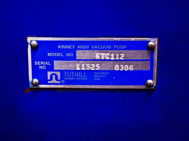 Tuthill Vacuum Systems KTC112 model identification nameplate showing model KTC112 and manufacturer details