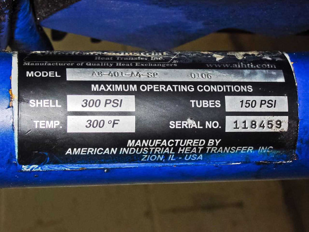 American Industrial Heat Transfer AB-401-A4-SP heat exchanger nameplate — 300 PSI shell, 150 PSI tubes, 300°F max temp