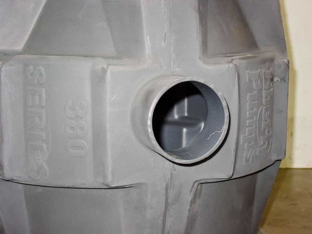 Close-up of Liberty Pumps Pro 380 Series 2-inch side inlet fitting with Series 380 and Liberty Pumps text molded into basin wall