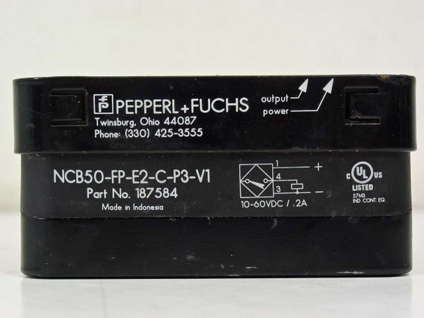 Pepperl+Fuchs NCB50-FP-E2-C-P3-V1 – rear label view showing model number, part number, voltage rating, and UL listing